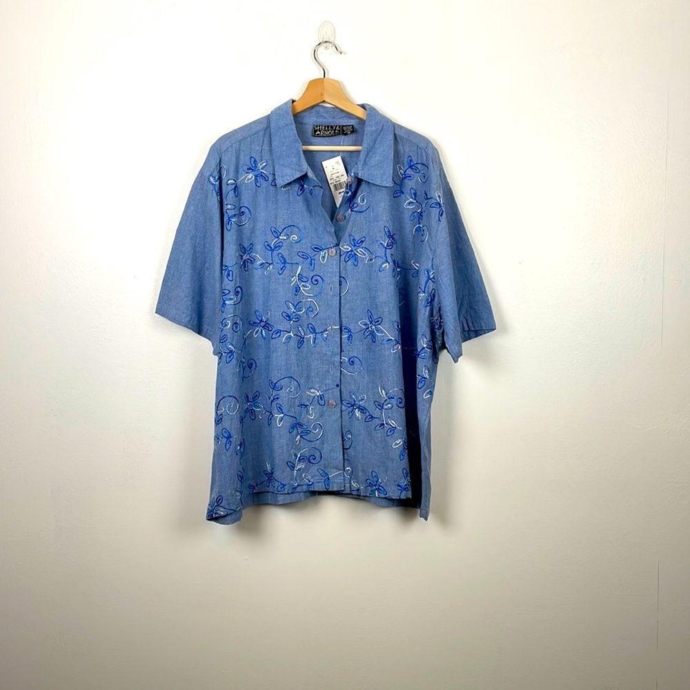 Shelly & Arnold button down shirt women size 3X short sleeve cotton blue blouse